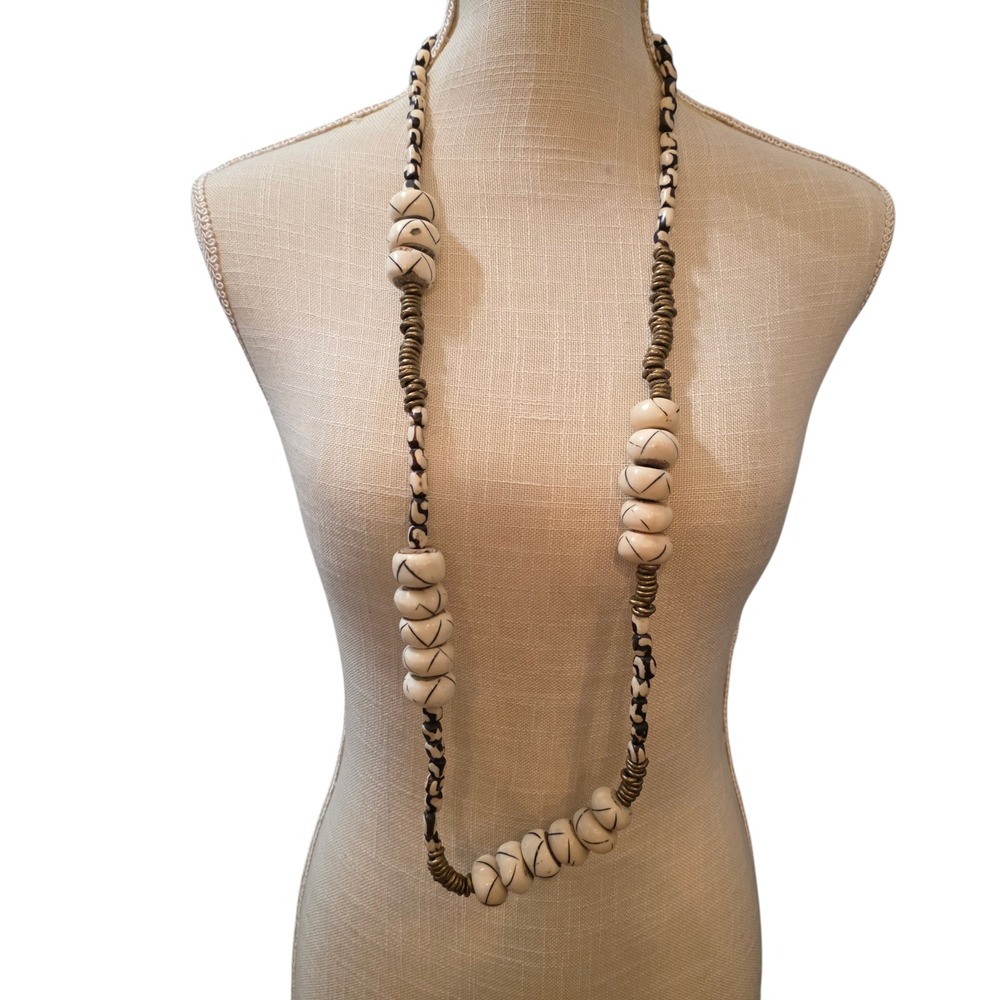 Unique Statement Necklace Cream White Beads Black Patterned Cord‎ Boho